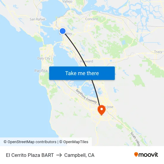 El Cerrito Plaza BART to Campbell, CA map