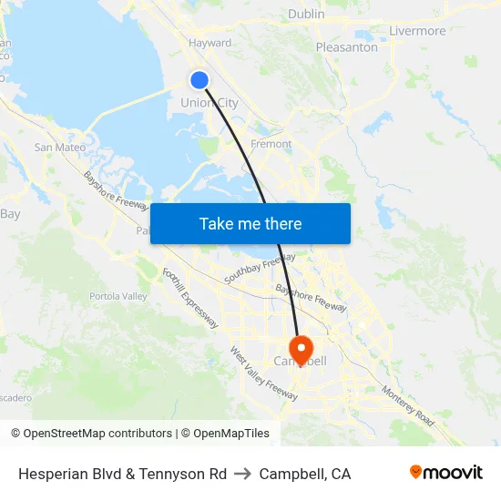 Hesperian Blvd & Tennyson Rd to Campbell, CA map