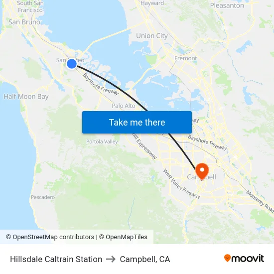 Hillsdale Caltrain Station to Campbell, CA map