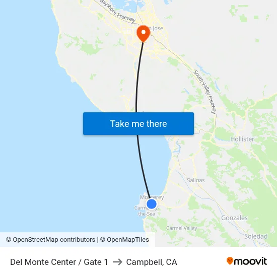 Del Monte Center / Gate 1 to Campbell, CA map