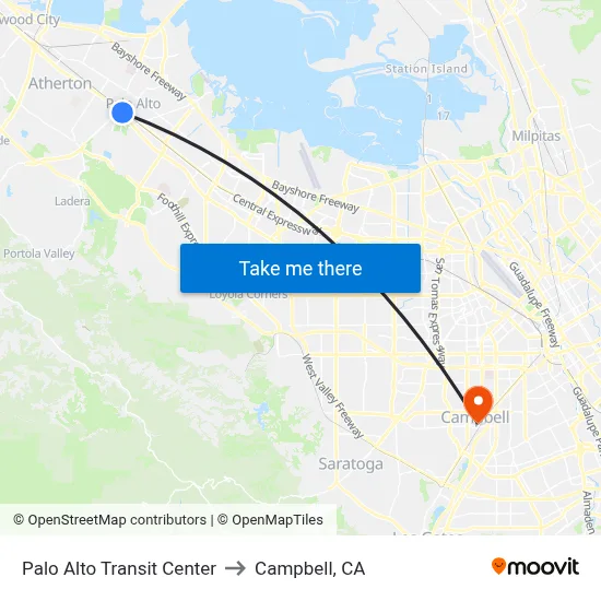 Palo Alto Transit Center to Campbell, CA map