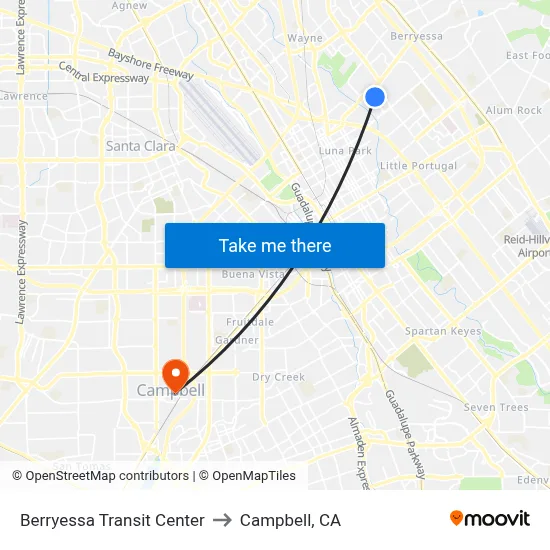 Berryessa Transit Center to Campbell, CA map