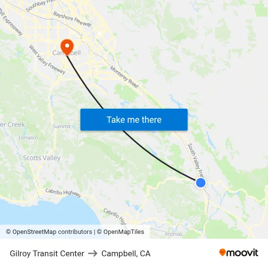Gilroy Transit Center to Campbell, CA map