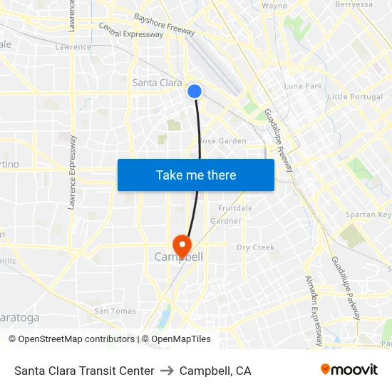 Santa Clara Transit Center to Campbell, CA map