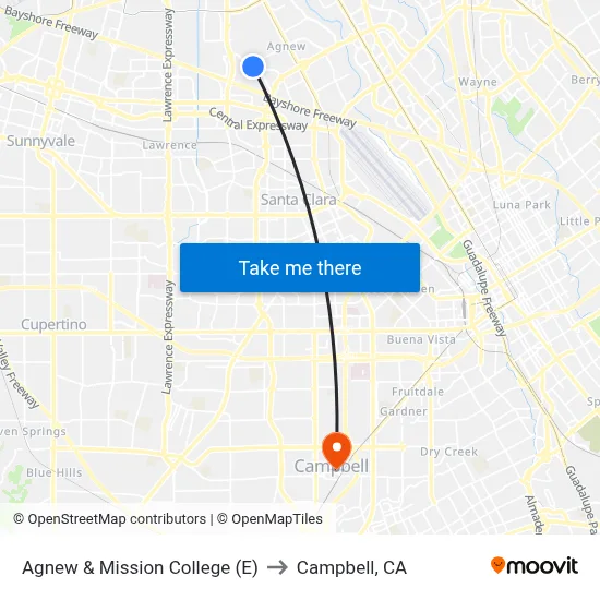 Agnew & Mission College (E) to Campbell, CA map