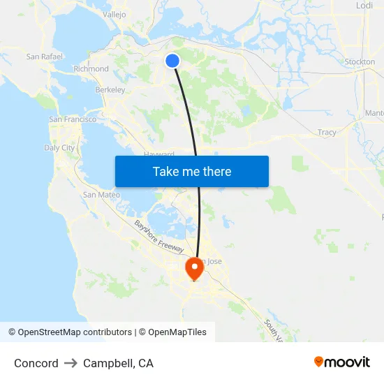 Concord to Campbell, CA map
