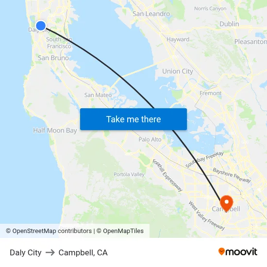 Daly City to Campbell, CA map