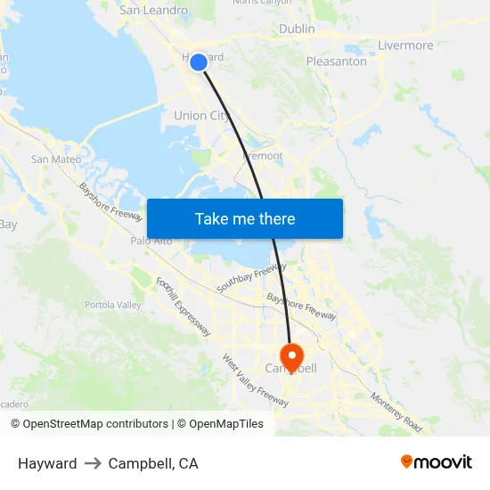 Hayward to Campbell, CA map