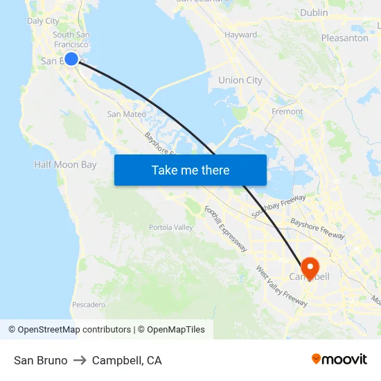 San Bruno to Campbell, CA map