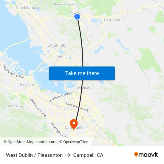 West Dublin / Pleasanton to Campbell, CA map