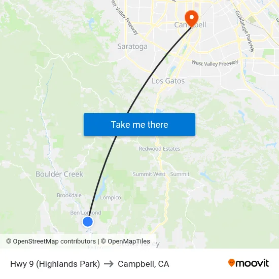Hwy 9 (Highlands Park) to Campbell, CA map