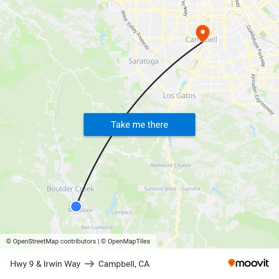 Hwy 9 & Irwin Way to Campbell, CA map
