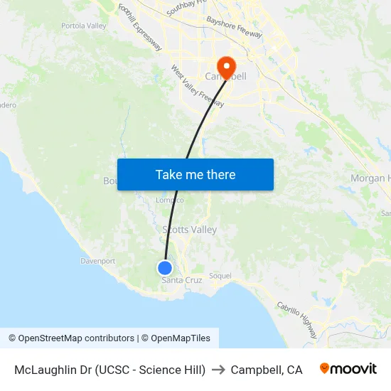 McLaughlin Dr (UCSC - Science Hill) to Campbell, CA map