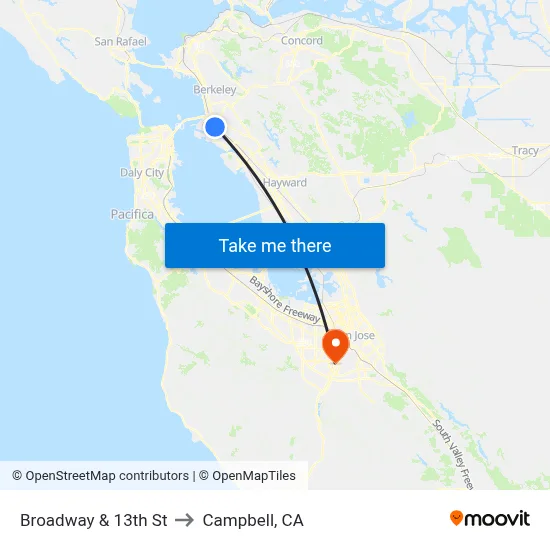 Broadway & 13th St to Campbell, CA map