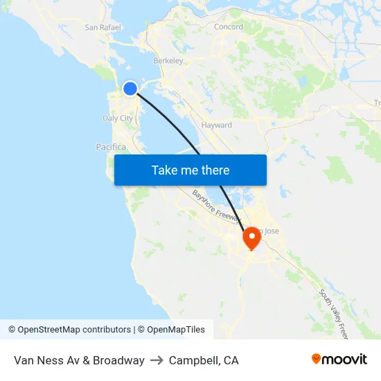Van Ness Av & Broadway to Campbell, CA map