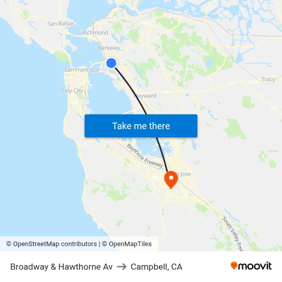 Broadway & Hawthorne Av to Campbell, CA map