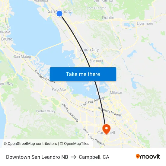 Downtown San Leandro NB to Campbell, CA map