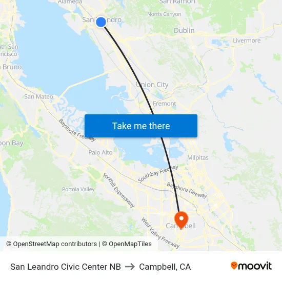 San Leandro Civic Center NB to Campbell, CA map