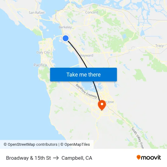 Broadway & 15th St to Campbell, CA map