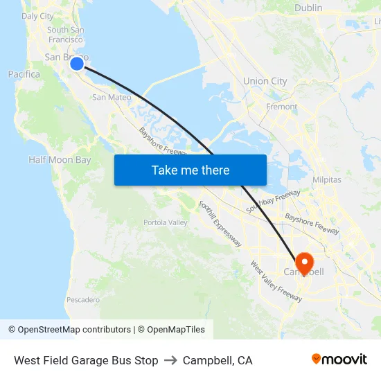 West Field Garage Bus Stop to Campbell, CA map