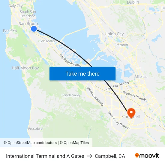 International Terminal and A Gates to Campbell, CA map