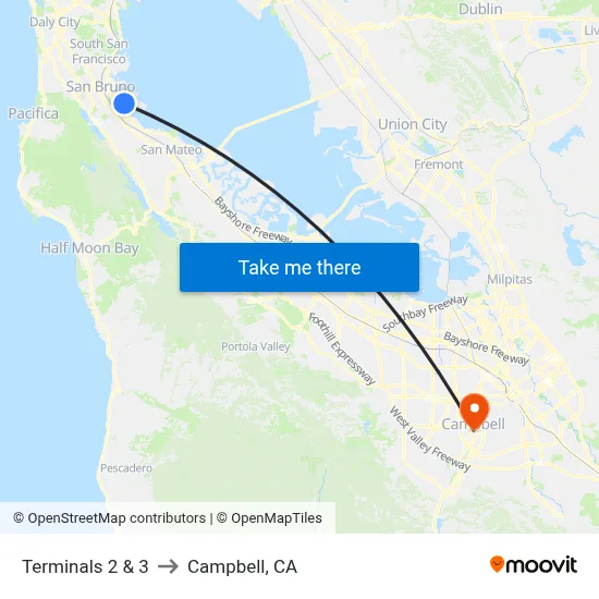 Terminals 2 & 3 to Campbell, CA map