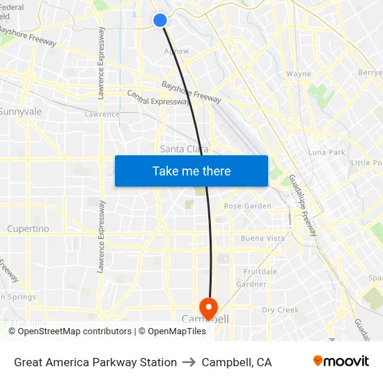 Great America Parkway Station to Campbell, CA map