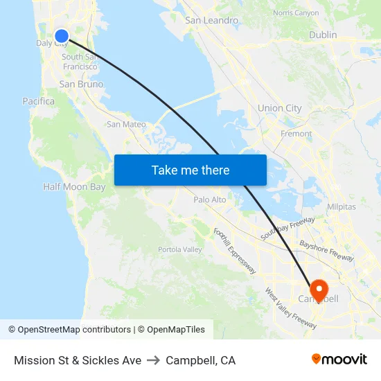 Mission St & Sickles Ave to Campbell, CA map