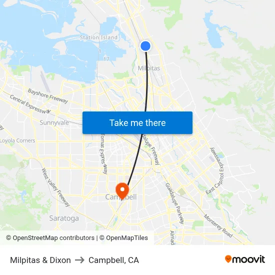 Milpitas & Dixon to Campbell, CA map