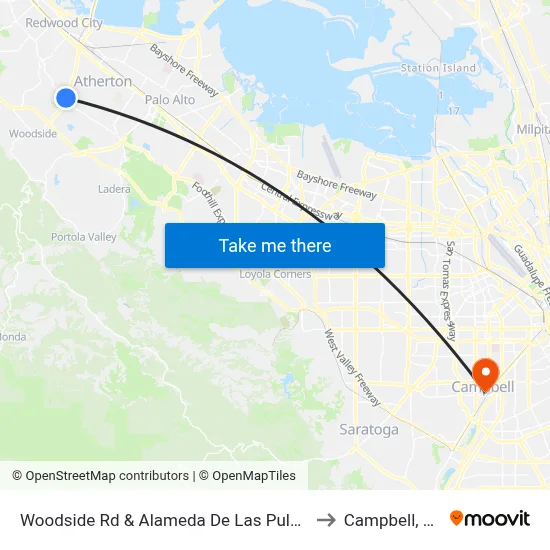 Woodside Rd & Alameda De Las Pulgas to Campbell, CA map