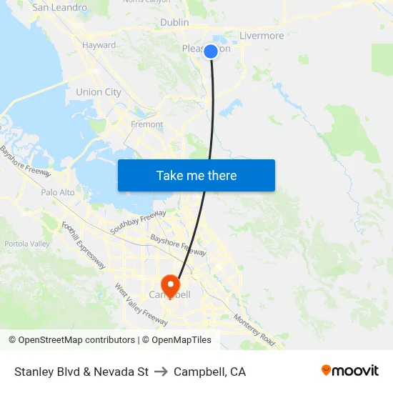 Stanley Blvd & Nevada St to Campbell, CA map