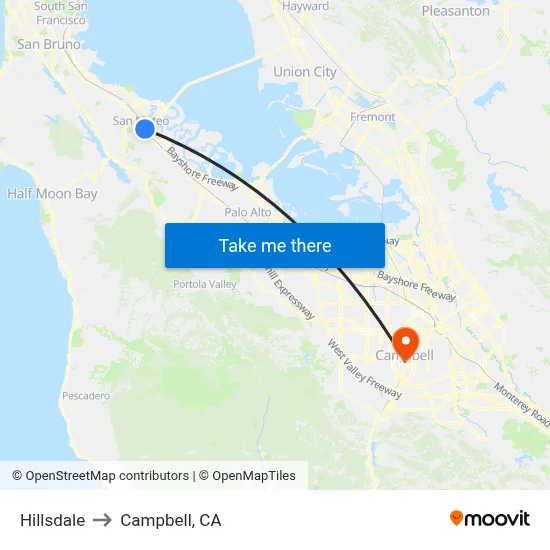 Hillsdale to Campbell, CA map