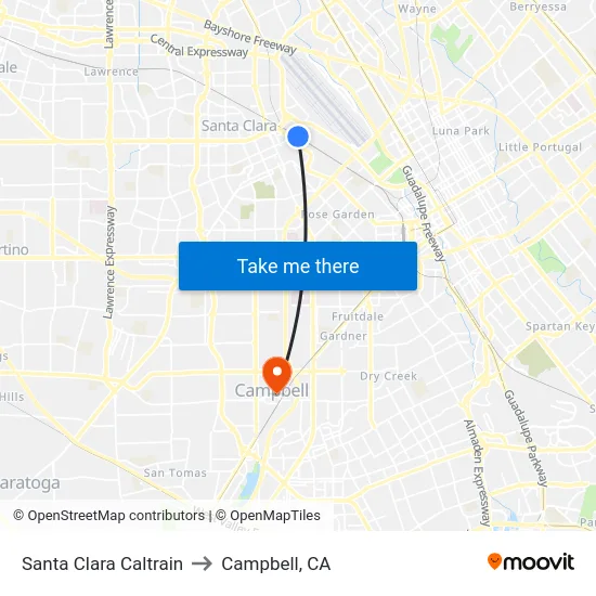 Santa Clara Caltrain to Campbell, CA map