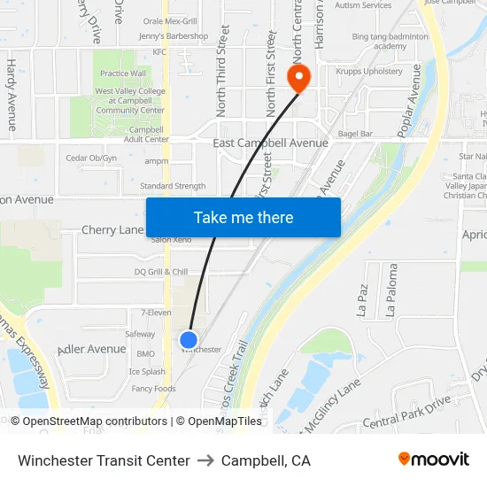 Winchester Transit Center to Campbell, CA map