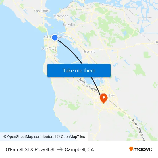O'Farrell St & Powell St to Campbell, CA map