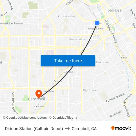 Diridon Station (Caltrain Depot) to Campbell, CA map