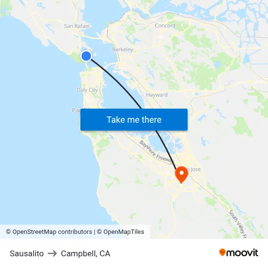 Sausalito to Campbell, CA map
