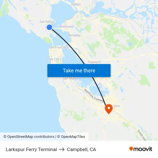 Larkspur to Campbell, CA map