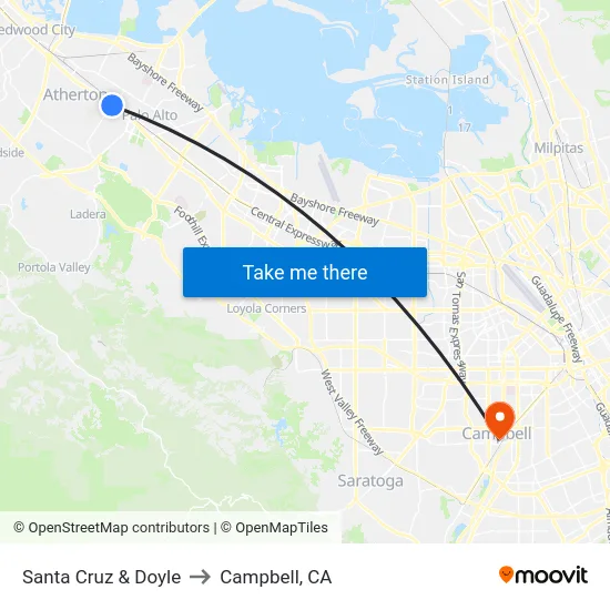 Santa Cruz & Doyle to Campbell, CA map