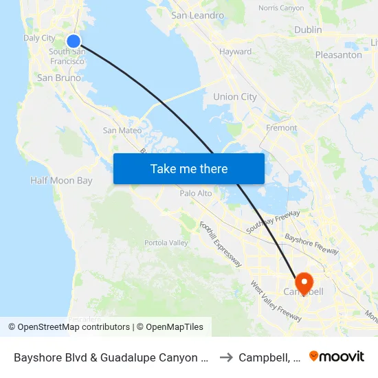Bayshore Blvd & Guadalupe Canyon Pkwy to Campbell, CA map