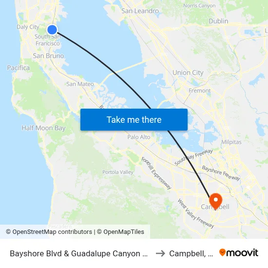Bayshore Blvd & Guadalupe Canyon Pkwy to Campbell, CA map
