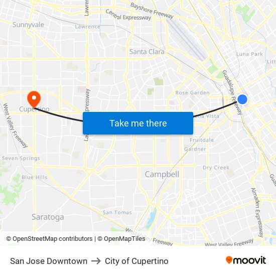 San Jose Downtown to City of Cupertino map