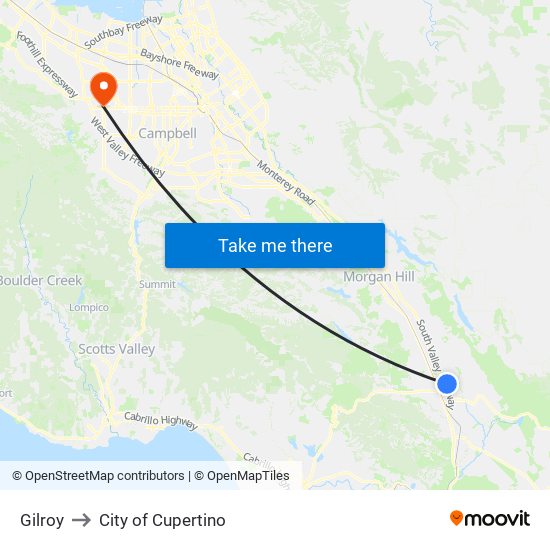 Gilroy to City of Cupertino map