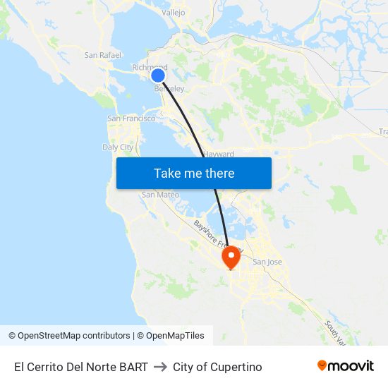El Cerrito Del Norte BART to City of Cupertino map