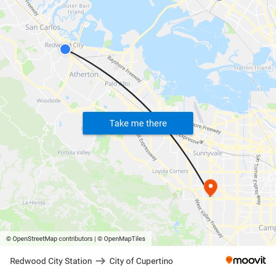 Redwood City Station to City of Cupertino map