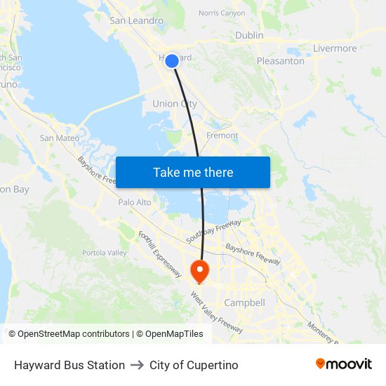 Hayward Bus Station to City of Cupertino map