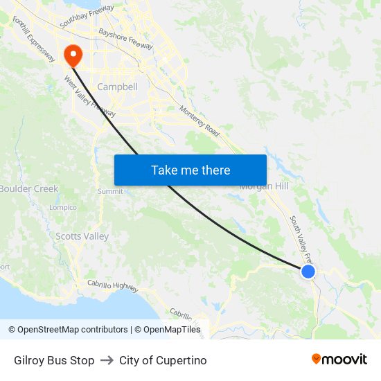 Gilroy Bus Stop to City of Cupertino map