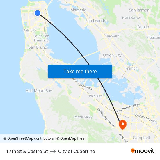 17th St & Castro St to City of Cupertino map