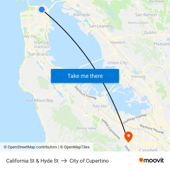 California St & Hyde St to City of Cupertino map