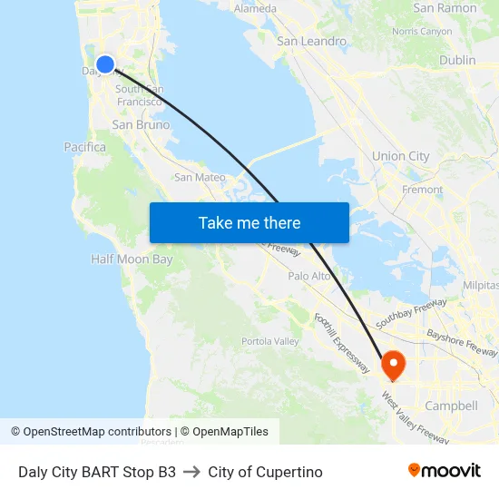 Daly City BART Stop B3 to City of Cupertino map